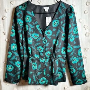 NWT J. Crew Women’s Satin Crepe Button-Front Peplum Blouse in Poppy Print Size 2